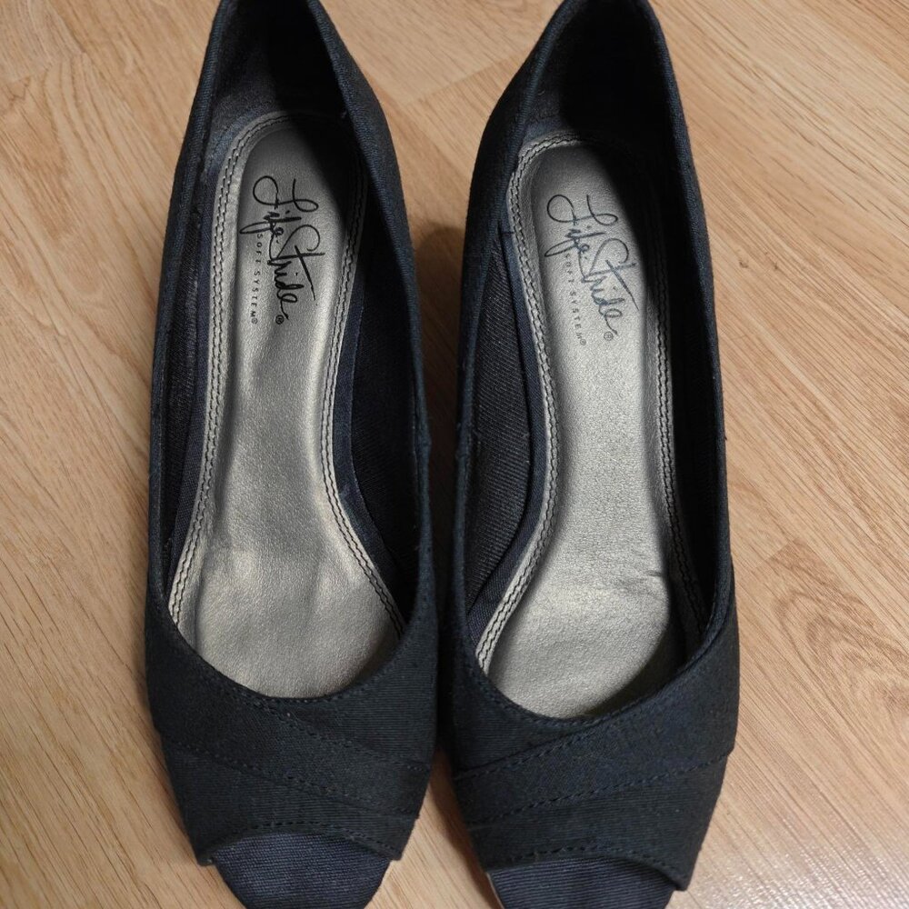 Life Stride Open Toe black wedge with canvas upper and 3 inch heel